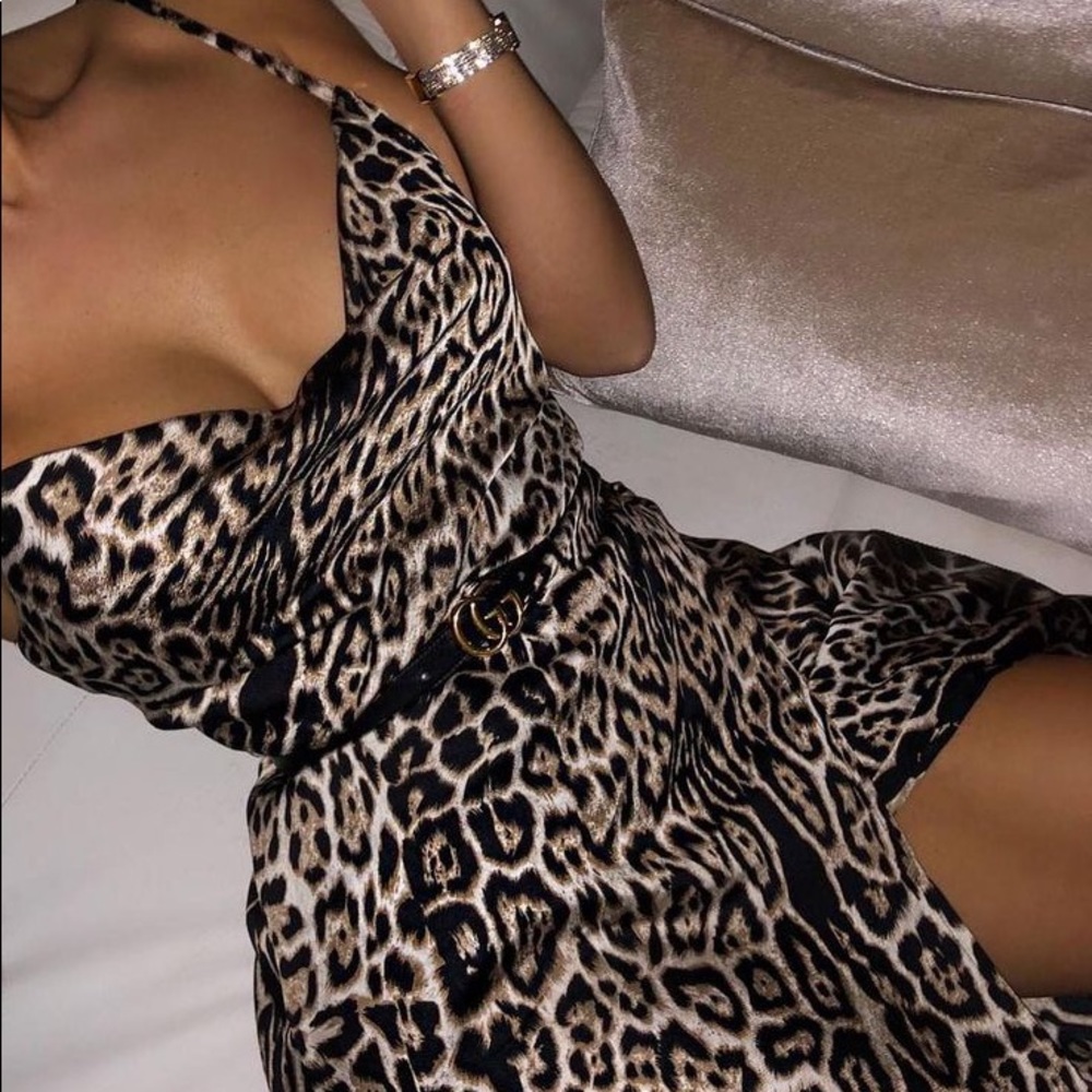 Naked Wardrobe Leopard Slinky Satin Midi Dress, Size Small
